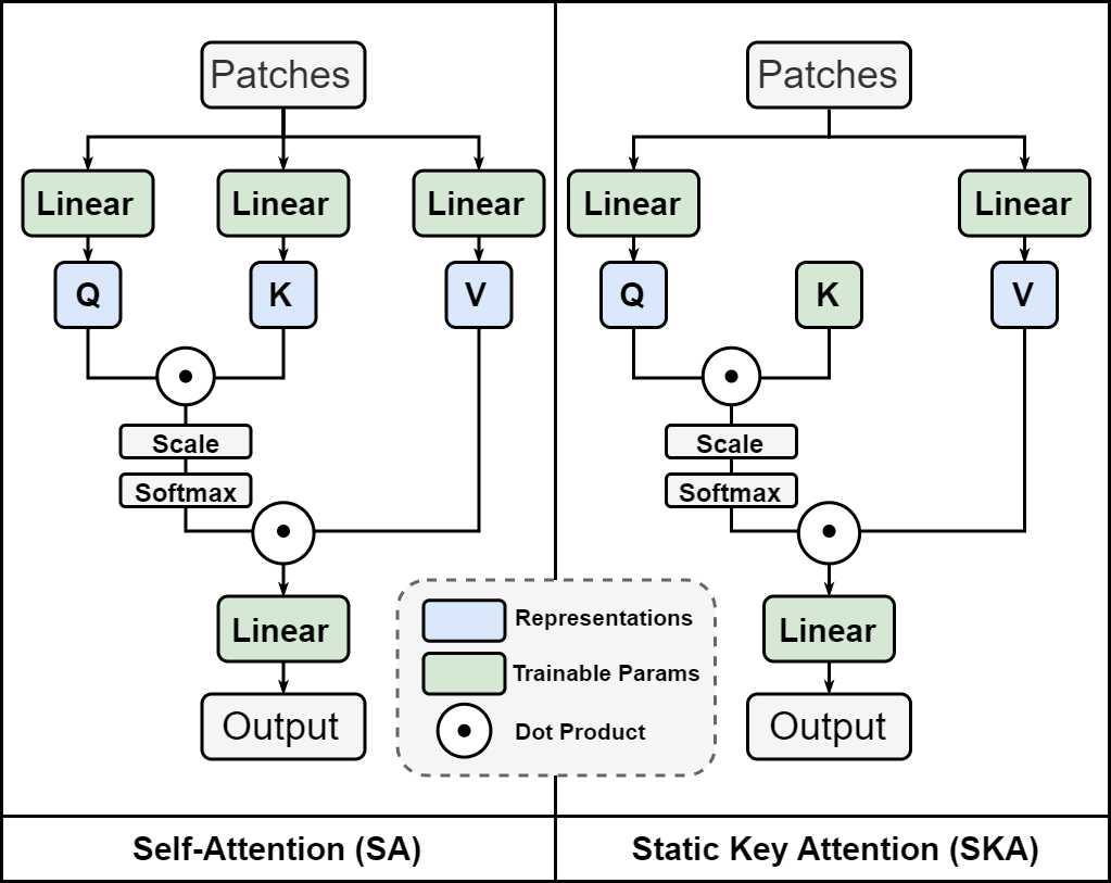 Figure 1: Standard self-attention compared with Static Key Attention.
